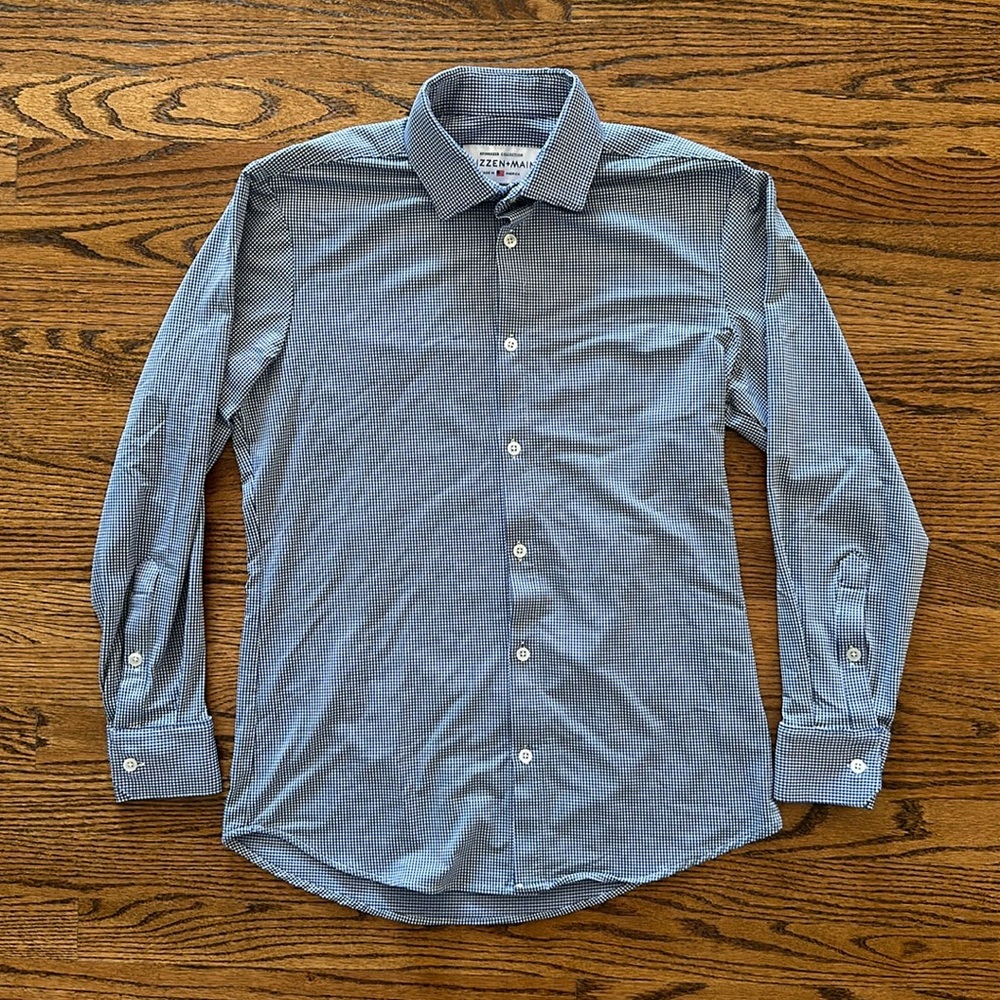 Mizzen+Main Blue Mini Check Spinnaxer Collection Stretchy Trim Fit Button Down S